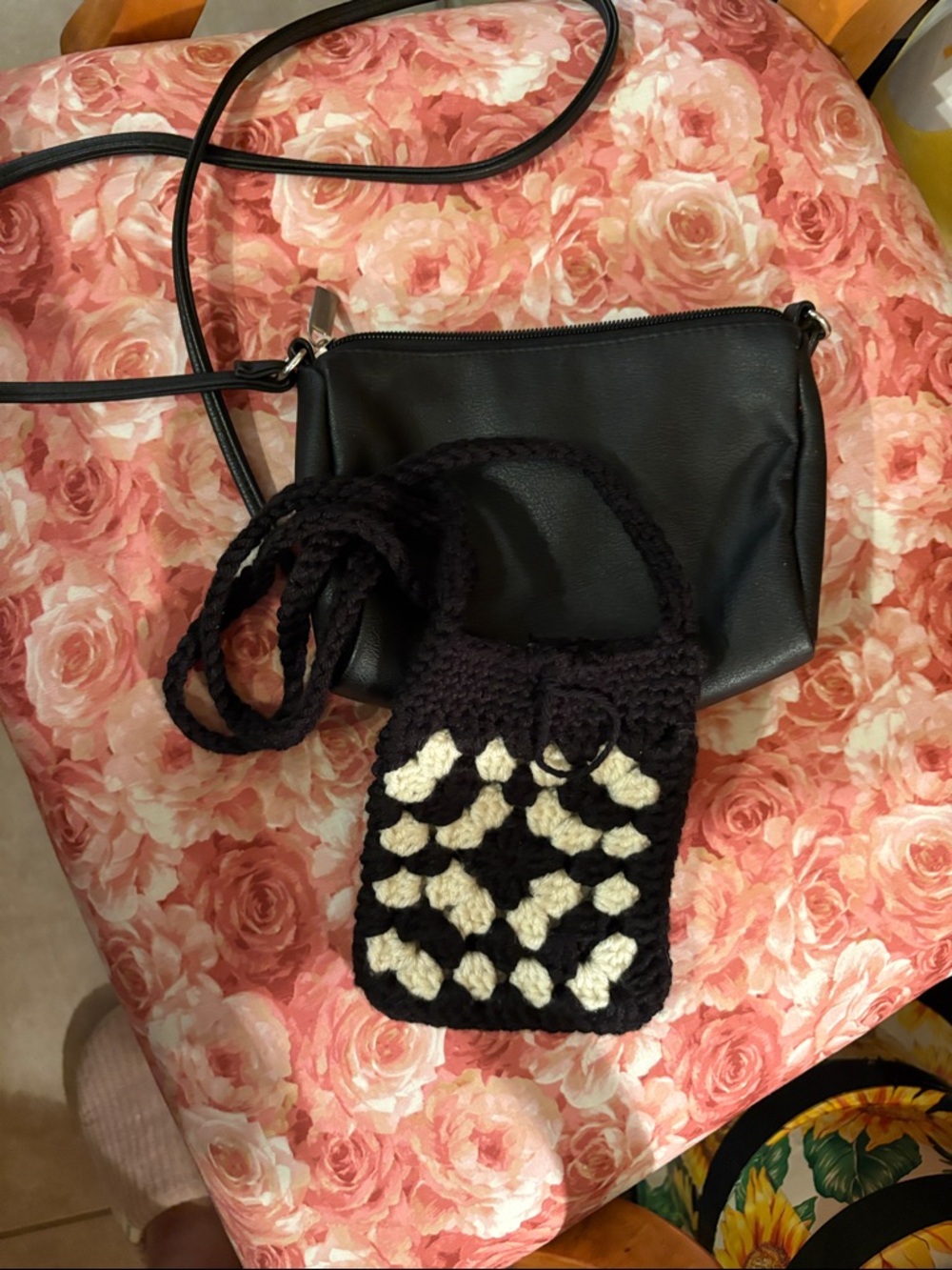 Black and Cream Crochet Crossbody Bag - Unbranded